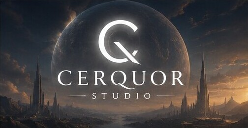 Cerquor Studio luminous logo over a cosmic world